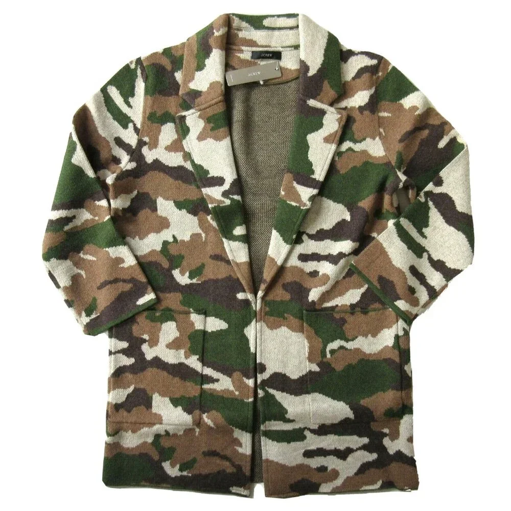 NWT J.Crew Sophie Coffee Camo Camouflage Open-Front Sweater Blazer Cardigan XXS